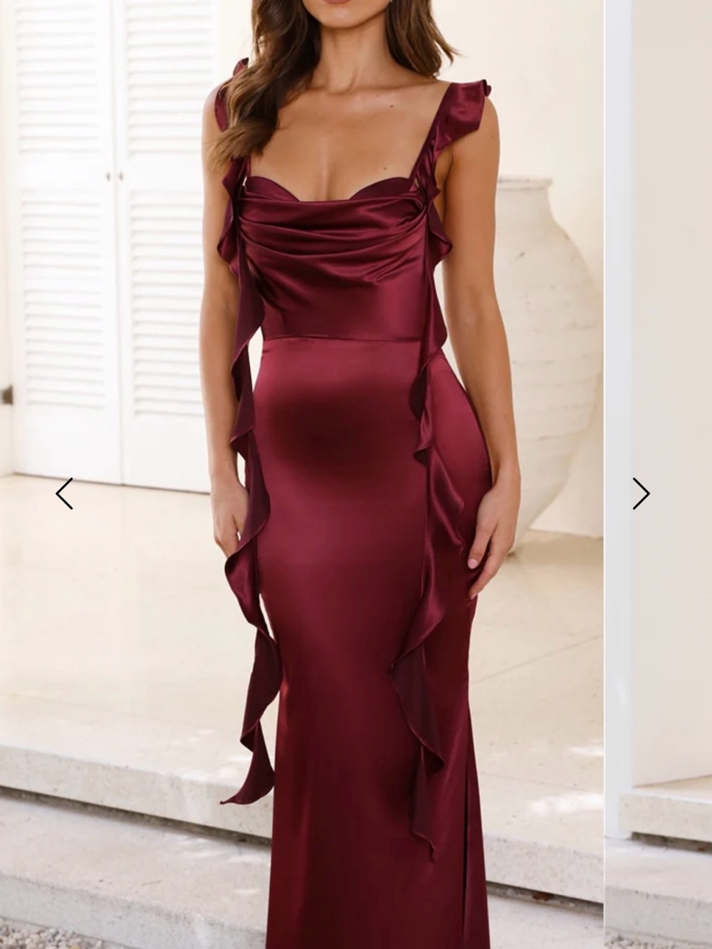 Hello Molly Burgundy Satin Ruffle Maxi Dress